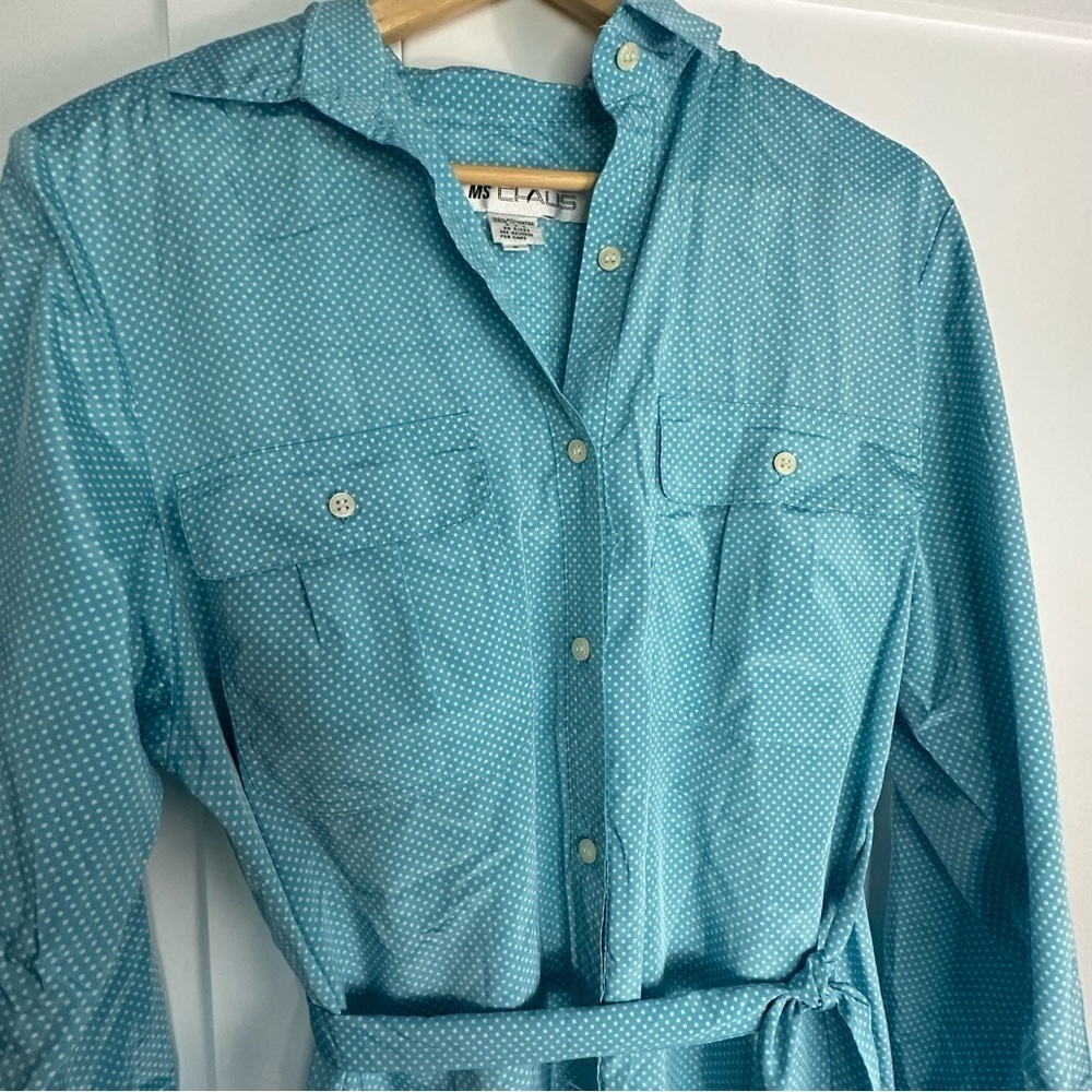 Ms Chaus blue white polka dot shirt dress 8 feminine satin Vintage 80’s 90’s - Picture 4 of 15